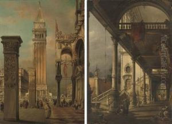 A Celebration Before The Campanile; And A Venetian Palace Oil Painting by Francesco Zanin