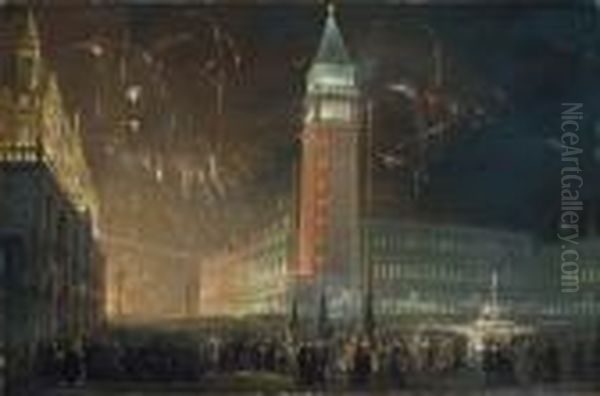 A Fireworks Display Over Saint Mark's Square, Venice Oil Painting by Francesco Zanin