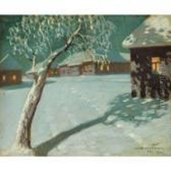 Russian Village In Winter Oil Painting by Viktor Ivanovich Zarubin