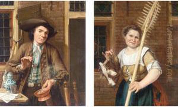 Toper Standing Beside A Table 
(#) A Maid Holding A Rake And A Basket Of Fish Oil Painting by Gerrit Zegelaar