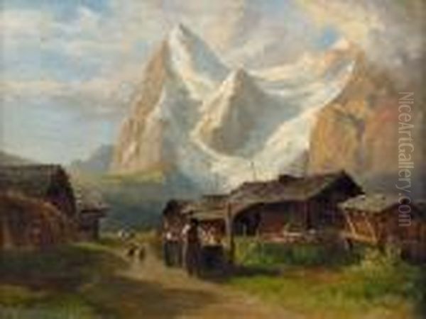 Dorfidylle In Den Alpen. Oil Painting by Jakob Joseph Zelger