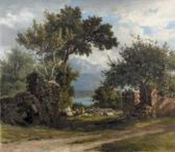 Landschaft Mit Bauerin Vor Pilatus Am Vierwaldstattersee. Oil Painting by Jakob Joseph Zelger