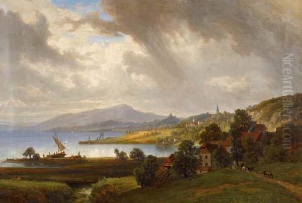 Landschaft Am Neuenburgersee Von Cortaillod Aus. Oil Painting by Jakob Joseph Zelger