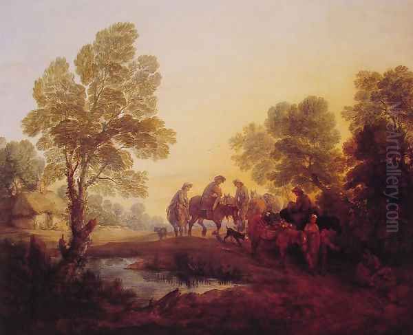 Evening Landscape - Peasants and Mounted Figures Oil Painting by Thomas Gainsborough