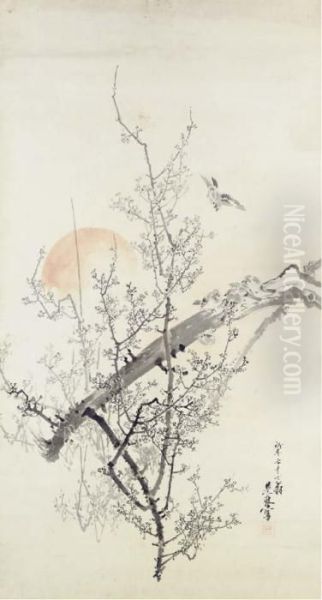 Sparrows On Plum Branch At Sunset Oil Painting by Shibata Zeshin