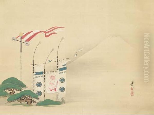 Festival Flags With Mount Fuji In The Background Oil Painting by Shibata Zeshin