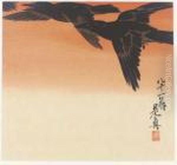 Crows In Flight At Sunrise Oil Painting by Shibata Zeshin