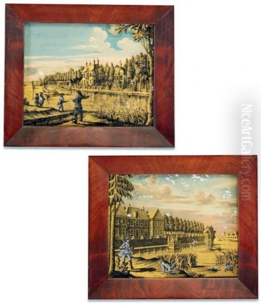 Soldiers On The Banks Of A River, With Manor Homes
Amidst Trees In The Background, The Other Representing A Soldier
And A Dog Before A River With Rows Of Houses In The Background,
Each Within A Rectangular Mahogany Frame Oil Painting by Jonas Zeuner