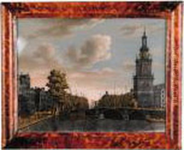 A Verre Eglomise Of A View On The Singel Oil Painting by Jonas Zeuner