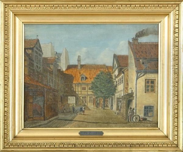 Street Scenery With Houses And Figures Oil Painting by Christian Olavius Zeuthen