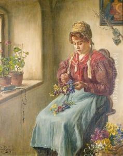 Junge Frau Beim Blumenstraussbinden. Oil Painting by Carl Zewy