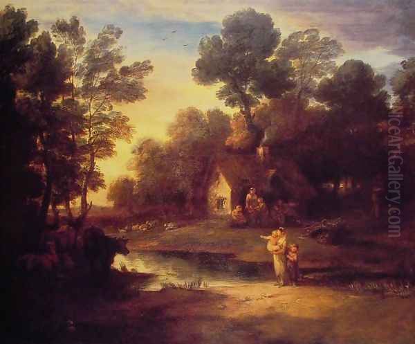 Wooded Landscape with Cattle by a Pool and a Cottage at Evening Oil Painting by Thomas Gainsborough