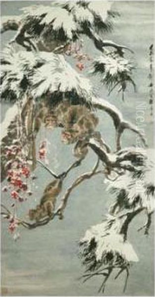 Apes Among Snowy Pines Oil Painting by Cheng Zhang