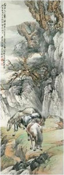 Horses By A Stream Under Pine Cliffs Oil Painting by Cheng Zhang