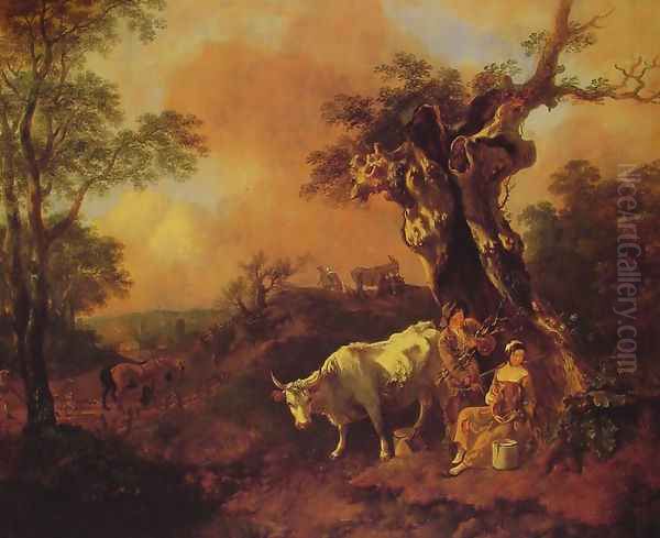 Landscape with a Woodcutter and Milkmaid Oil Painting by Thomas Gainsborough