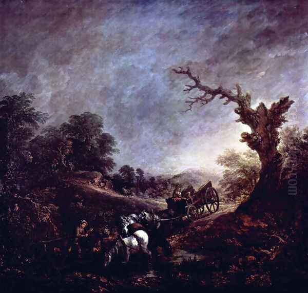 Sunset, Carthorses Drinking at a Stream Oil Painting by Thomas Gainsborough