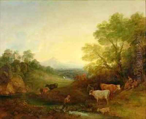 A Landscape with Cattle and Figures by a Stream and a Distant Bridge Oil Painting by Thomas Gainsborough