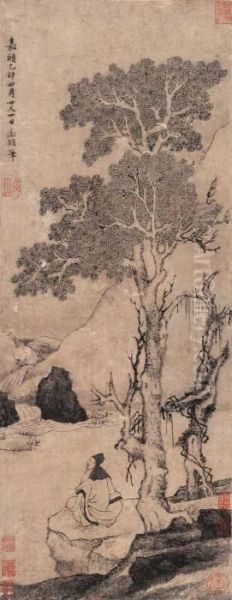 Scholar Under The Tree Oil Painting by Zhengming Wen