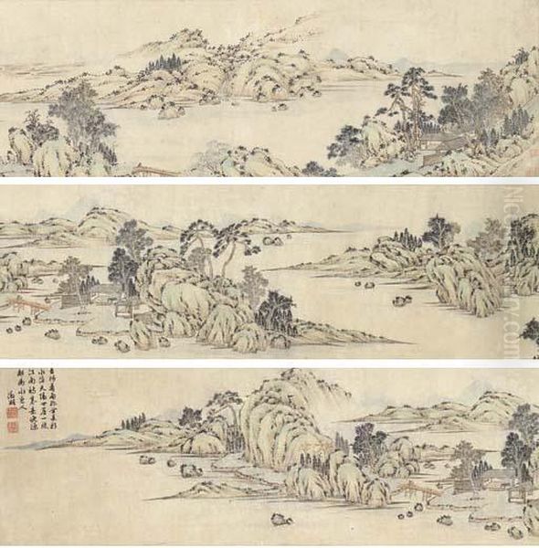 Streams Amongst Verdant Hills Oil Painting by Zhengming Wen