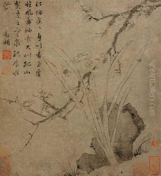 Plum Blossoms, Rock, And Narcissus Oil Painting by Zhengming Wen