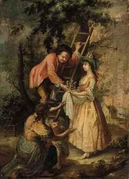 A Wooded Landscape With Elegant Company And A Lady Holding A Nest Oil Painting by Januarius Zick