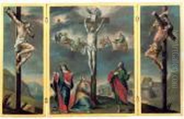 A Crucifixion Triptych: Central 
Panel: The Crucifixion With God The Father And The Four Evangelists; 
Left Wing: The Good Thief; Right Wing: The Bad Thief Oil Painting by Januarius Zick