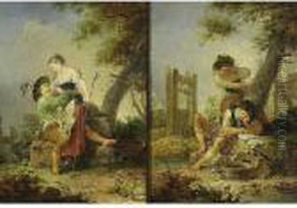 Pastoral Scenes: A Sleeping Boy Caught By A Girl; An Amoureus Couple Oil Painting by Januarius Zick