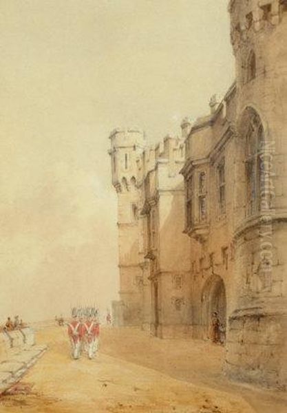 Guards Marching Before The North Entrance To Windsor Castle; Watercolour, 29.3x19.5cm Oil Painting by Henry Bryan Ziegler