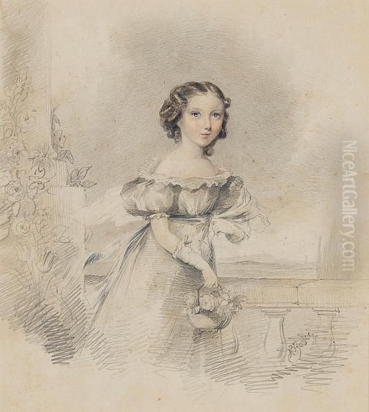 A Girl, Three-quarter Length, 
Standing Beside A Balustrade, Wearing Dress With Lace Trim And Puff 
Sleeves, Shawl And Gloves, She Holds A Basket Of Flowers. Oil Painting by Henry Bryan Ziegler