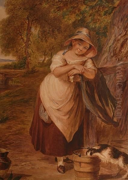 A Young Milk Maid And Her Mischievous Companion. Oil Painting by Henry Bryan Ziegler