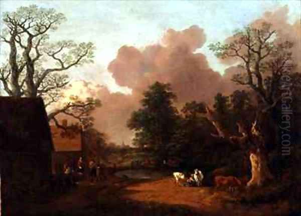 A Landscape with Figures Farm Buildings and a Milkmaid Oil Painting by Thomas Gainsborough