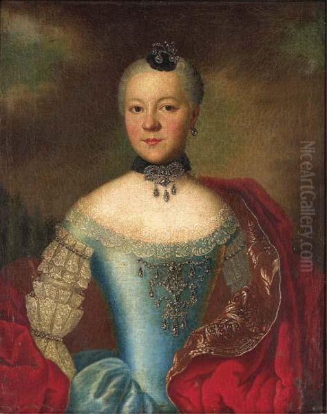 Portrait Of A Noblewoman, Half-length, In A Lace-trimmed Bluedress Oil Painting by Johann Georg Ziesenis