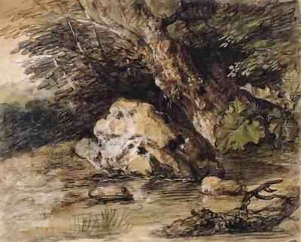 A Hilly Landscape with Figures Approaching a Bridge Oil Painting by Thomas Gainsborough