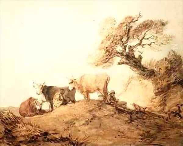 Cattle with Drovers and a Dog under a Tree Oil Painting by Thomas Gainsborough