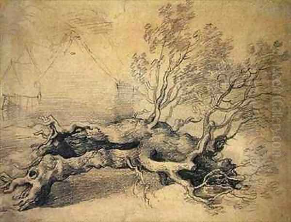 A Fallen Tree with Farm Buildings Beyond Oil Painting by Thomas Gainsborough