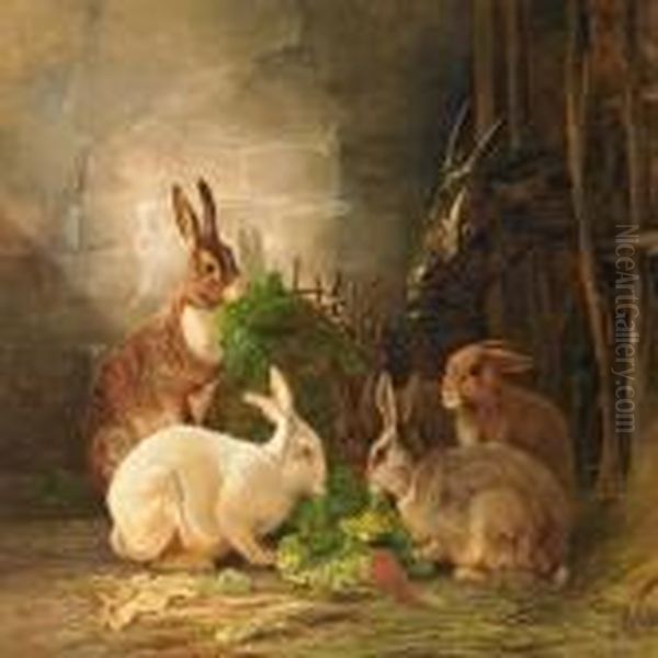 Stable Interior With Rabbits And A Goat Oil Painting by Wilhelm Zillen