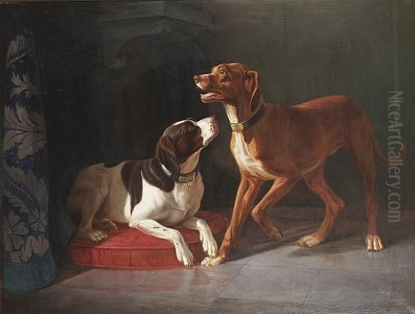 Gun Dogs In An Interior Oil Painting by Wilhelm Zillen