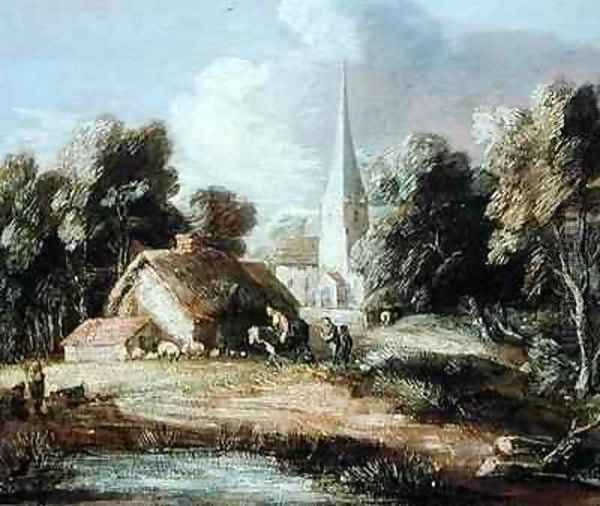 Landscape with a Church Cottage Villagers and Animals Oil Painting by Thomas Gainsborough