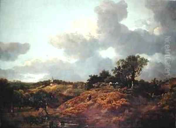 A wooded landscape in Suffolk with cows and a herdsman a village beyond Oil Painting by Thomas Gainsborough