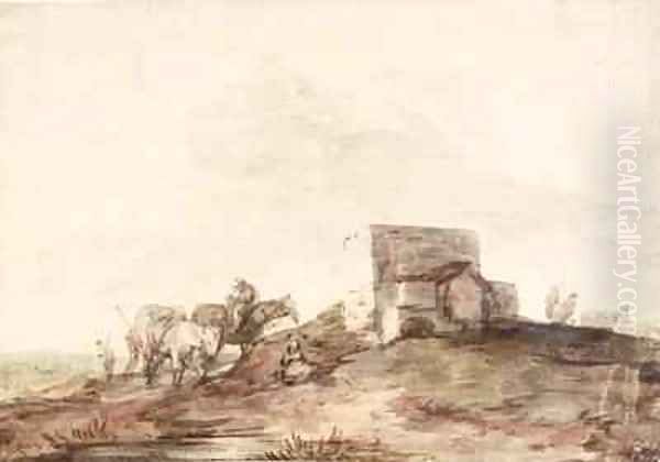 Open Landscape with a Building and Horses and Riders Resting by a Pool Oil Painting by Thomas Gainsborough