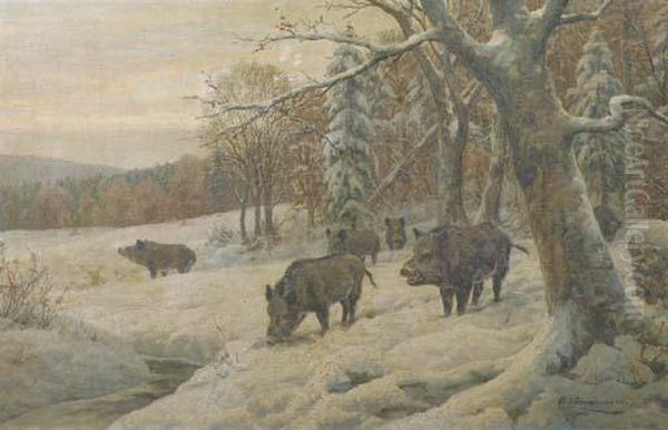 Venturing Out Of The Snowy Forest Oil Painting by Carl Friedrich Zimmermann