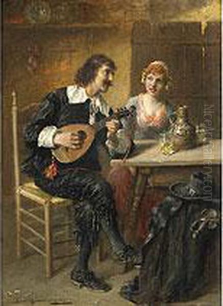 Der Lautenspieler Mit Einem Madchen In Einer Stube Oil Painting by Ernst Karl Georg Zimmermann