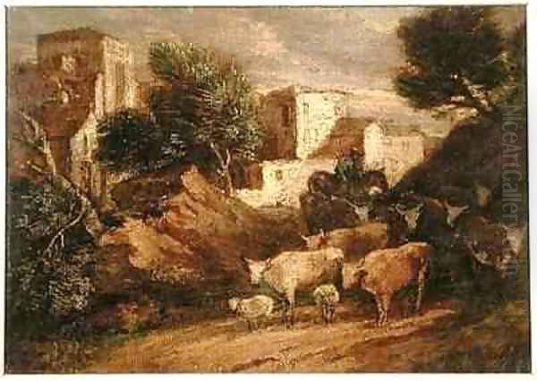 Mounted Drover Driving Home a Herd of Cattle Oil Painting by Thomas Gainsborough