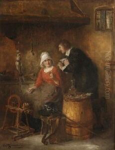 Junges Madchen Am Spinnrad Und Ihr
 Kavalier Oil Painting by Ernst Karl Georg Zimmermann