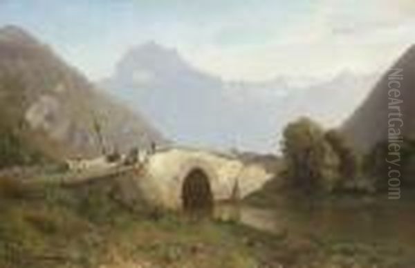 Steinbrucke In Sudlicher
 Gebirgslandschaft. Oil Painting by Friedrich Zimmermann