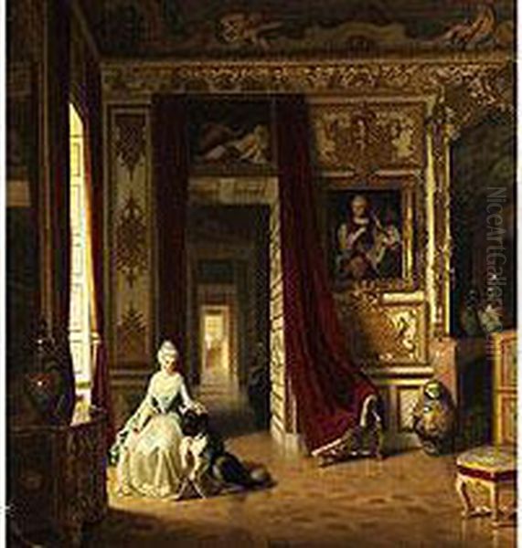 Hofische Dame Mit Hund In Reichem Schlossinterieur Oil Painting by Reinhard Sebastian Zimmermann