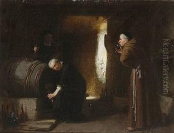 Monche Bei Der Weinprobe. Oil Painting by Reinhard Sebastian Zimmermann