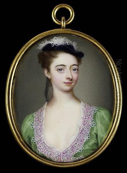 A Lady, Wearing Decollete 
Leaf-green Dress Trimmed With White Lace Over Pink Ribbon And Black 
Velvet Cap Trimmed With White Ostrich Feathers, Her Hair Upswept And 
Tied With A Trailing Grey Ribbon Oil Painting by Christian Friedrich Zincke