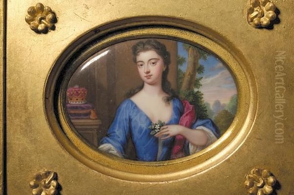 A Miniature Portrait Of A 
Duchess In A Blue Dress, With White Under Dress And Crimson Cloak, 
Holding A Flower, An Ermine-trimmed Coronet To Her Right, Against A 
Landscape Background Oil Painting by Christian Friedrich Zincke