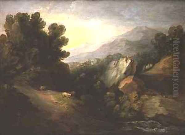 Rocky wooded landscape with sheep by a waterfall Oil Painting by Thomas Gainsborough